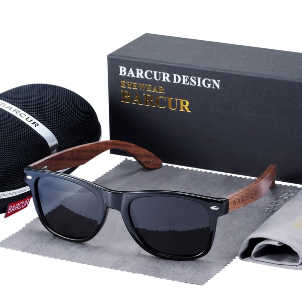 BARCUR Solglasögon i svart valnötsträ för man polariserade högkvalitativa fyrkantiga solglasögon herr UV400 glasögontillbehör originallåda Gloss Black zipper BARCUR Polarized
