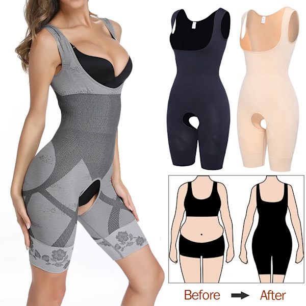Kvinnor Shapewear Helkroppsformare Bantning Bodysuit Öppen gren Korsett Waist trainer Shaping Underkläder Postpartum Recovery Slida Gray S-M