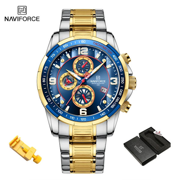 NAVIFORCE Temperament Herr Lyx Mode Design Guld Herr Klockor Multifunktion Luminous Quartz Armbandsur för män Relogio Masculino GBE-BOX