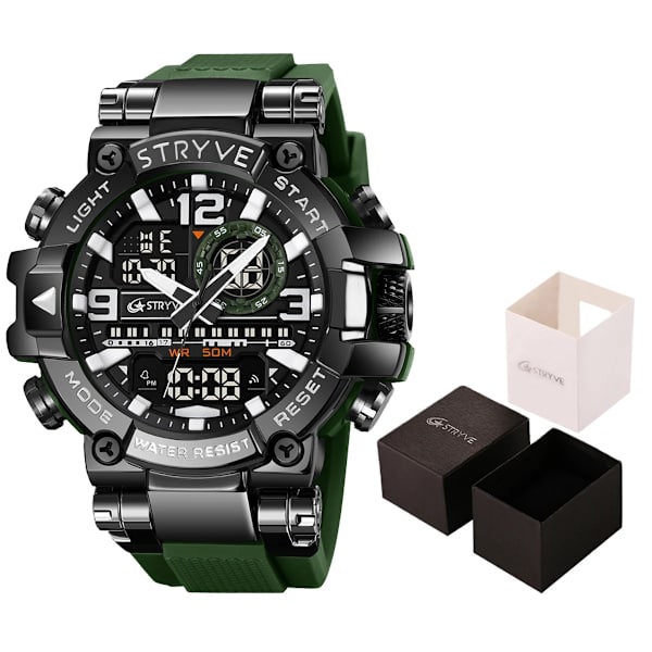 Ny STRYVE- watch för män Digital-Analog Dual Movement Calendar Lysande 50M vattentäta klockor Mode Sport Watch 8025 Army Green