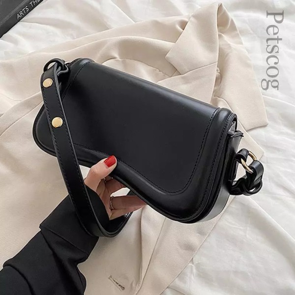Petscog Luxury Designer Axelväskor Crossbody Väskor För Kvinnor Pu Läder Trend Kvinnlig Underarm Väska Mode Handväska Flap Handväskor Black (20cmMax Length30cm)