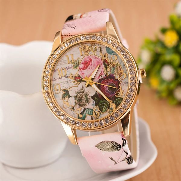 HET FÖRSÄLJNING!!! Kvinnor Rhinestone Inlagd Blomma Rund Urtavla Faux Läder Band Kvarts Watch Mode Kvarts Watch Kvinnor F