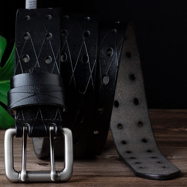 Mäns läder dubbelnålsspänne Klassiskt dragradshål Jeansbälte Cowboy Square Hole Black 115CM