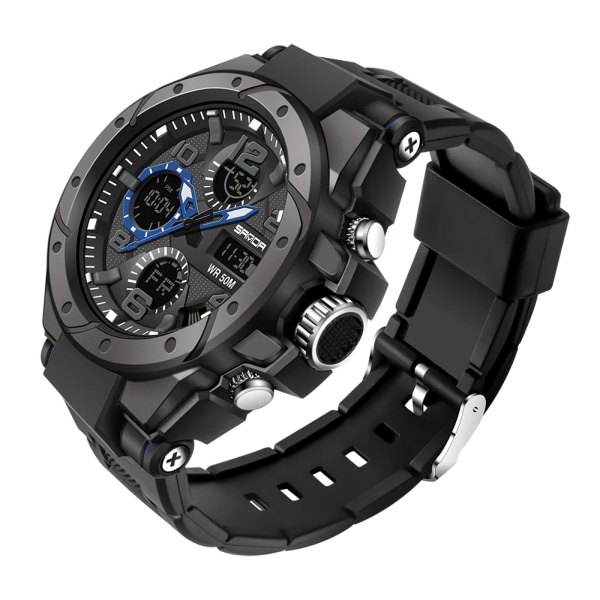 SANDA Sportklockor Herr 2021 Märke Militär Vattentät Stötsäker Watch Dubbel Display Auto Date Man Digital Armbandsur Reloj Black-blue