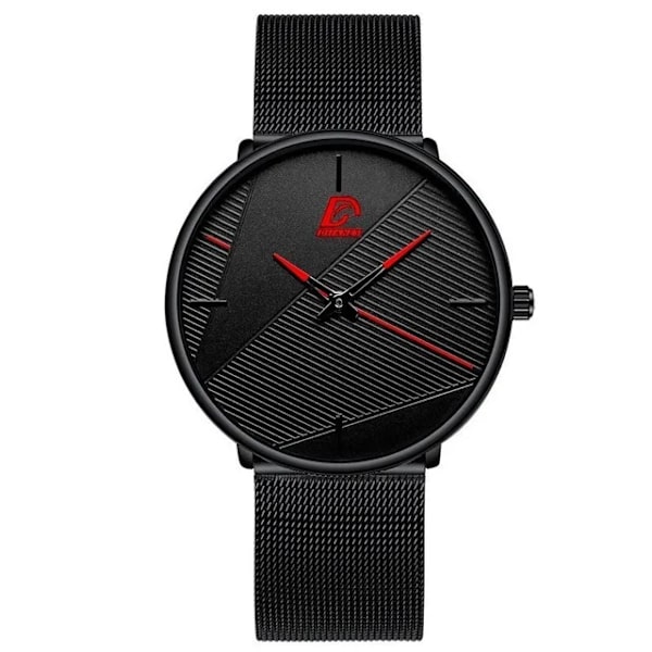 Märke Herrklockor Herr Enkelt Ultratunt mesh i rostfritt stål Bälte Quartz Clock Man Business Läder Armbandsur reloj hombre Mesh Black Red