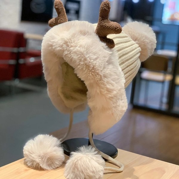 Vintermössa för kvinnor, varm fodrad med pompom, hornöronlappsmössa, söt skalle, utomhus, skridskoåkning, cykling, julklapp Khaki