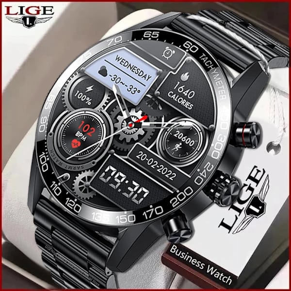 LIGE Ny AMOLED HD Bluetooth Call Smart Watch Herr Blodtryck Vattentät Watch För Herr Business Sport Armband Herr SmartWatch Mesh belt silver AMOLED Smart Watch