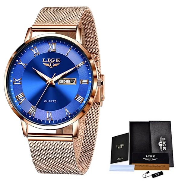 LIGE Watch Armband Quartz Clock Movement Enkel Vattentät Rose Gold Rostfritt stål Mesh Damklockor Relogio Feminino Rose gold blue(.237)