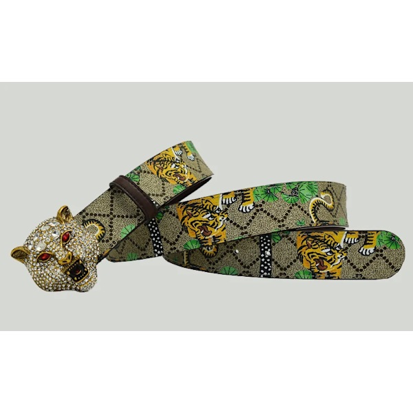 Western Rhinestone Tiger Spänne Tiger Print Läder Män Bälte Mode Jeans Causal Byxor Herr Bälte Gold 105CM