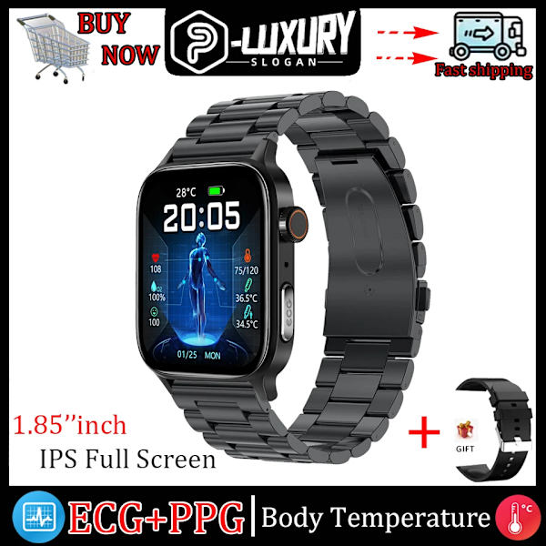 Ny icke-invasiv watch för blodsocker Män Röstringning Armbandsur Kroppstemperatur Stresstest EKG+PPG NFC Smartklocka Black steel strip