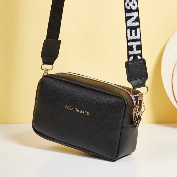 Enkel stil små axelväskor för kvinnor Enfärgad Pu-läder bred rem Crossbody-väska Kvinnlig telefonväska Messenger Handväska black-2 as  detailpage