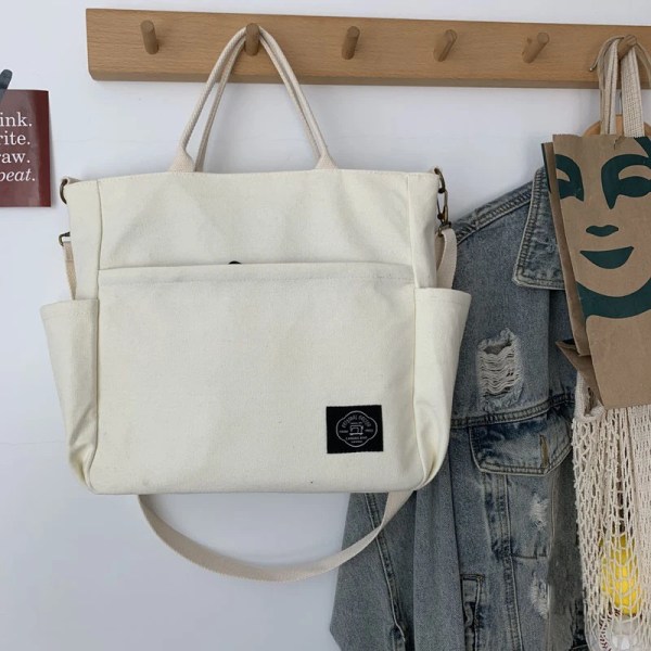 Hylhexyr Dam Retro Stora Väskor Bomulls Canvas Axelväska Mode Crossbody Handväska Dragkedja Casual Tote Multi Pocket Outer Zipper Beige