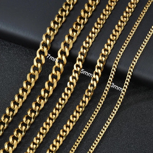 Uzone Basic Punk Rostfritt Stål 3,5,7 mm Curb Cuban Halsband För Män Kvinnor Guld Färg Link Chain Chokers Solid Metal Smycken Gold color 60cm  5mm