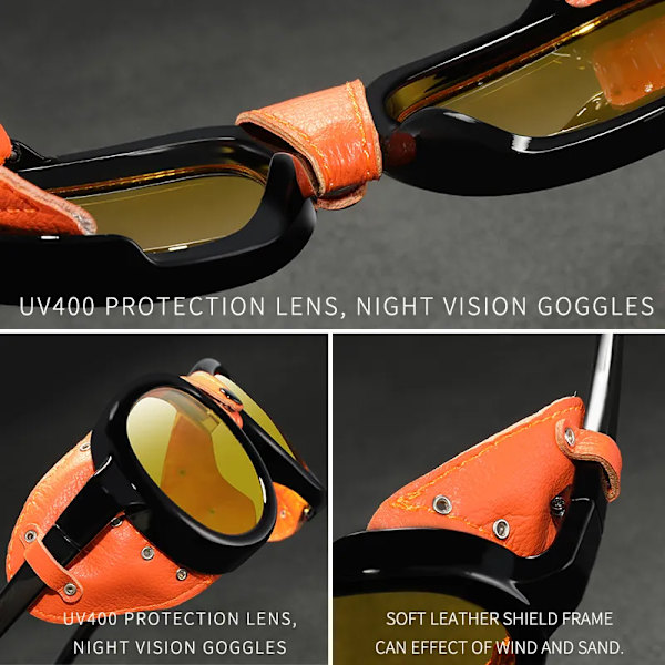 KDEAM Lyxiga Steampunk Pilot Solglasögon Män och Kvinnor Mjukt läder Sköldglasögon UV400 Skydd KD2095 C1 Bright Black