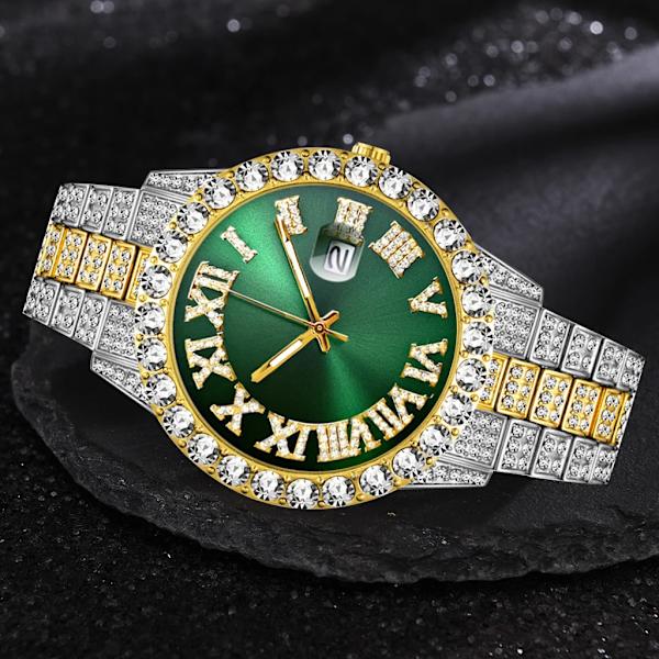 Iced Out Watch Herr Lyx Märke Full Diamond Herrklockor AAA CZ Quartz Watch Vattentät Hip Hop Man Klocka Present För Herr Gold Red Set