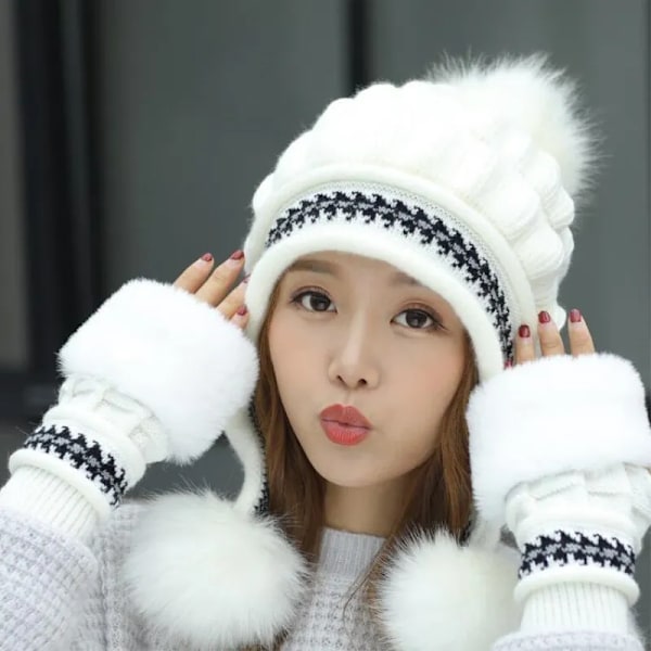 Varm Skidkeps med Pompom + Vantar Set för Kvinnor Vinter Beanie Hatt Tjock Skullies Kvinnlig Keps Beige Hat and glove
