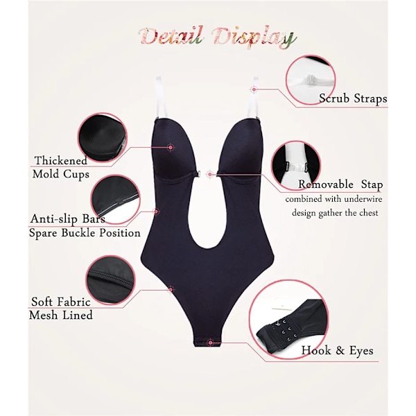 Body Shapewear Deep V Full Body Shaper Rygglös U Plunge Thong Waist Trainer Dam Klänning Underkläder Vadderad BH Push Up Korsett elegant brown M (34)