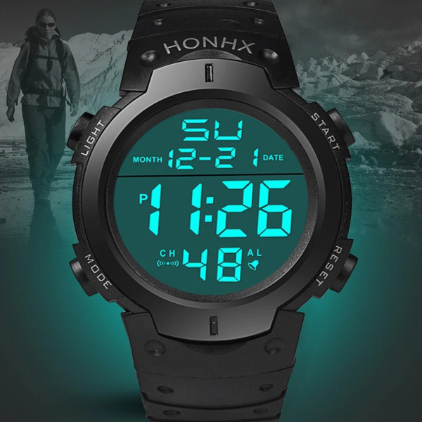 Mode Män Watch Lysande Militär Digital Watch Vattentät Armband Atlet Stoppur Alarm Man Elektronisk Klocka Man reloj Black