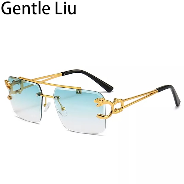 Vintage fyrkantiga båglösa solglasögon kvinnor 2022 lyxmärke Ramlösa solglasögon för män Leopardglasögon Lunette De Soleil Homme Gold Green With a bag