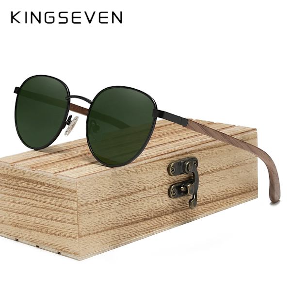 KINGSEVEN 2022 svarta valnötsträsolglasögon för män Polariserad UV400-skydd rund lins retroglasögon handgjorda glasögon för kvinnor Black Dark Green Original