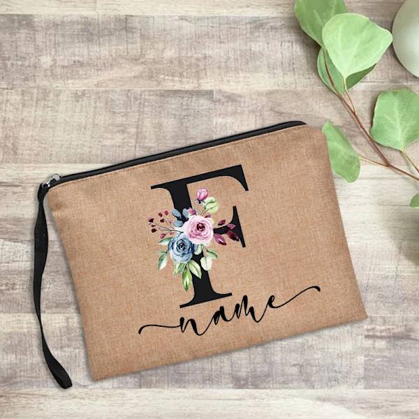 Personligt namn Kvinnor Sminkväska Alfabet Blommor Canvas Kosmetiska fodral Handväska Utomhusfest Bröllopspresenter Kawaii Makeup D4blackfF