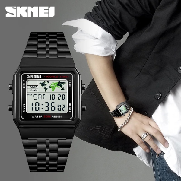 SKMEI Top Lyx Mode Watch Herr Väckarklocka 3Bar Vattentät Rostfritt stål Armband Digitala klockor reloj hombre 1338 black with box