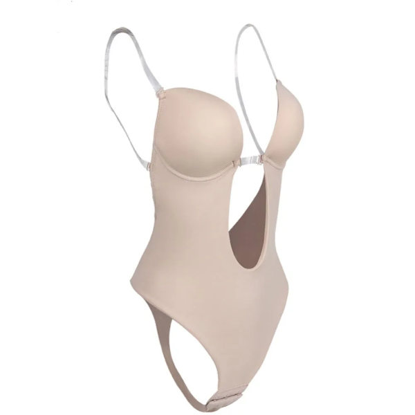 Kvinnors helkroppsformare Backless Shaperwear Stringtrosa Seamless U Plunge Shapers Push-up Bantning BodySuit Midja Shaperwear Beige S