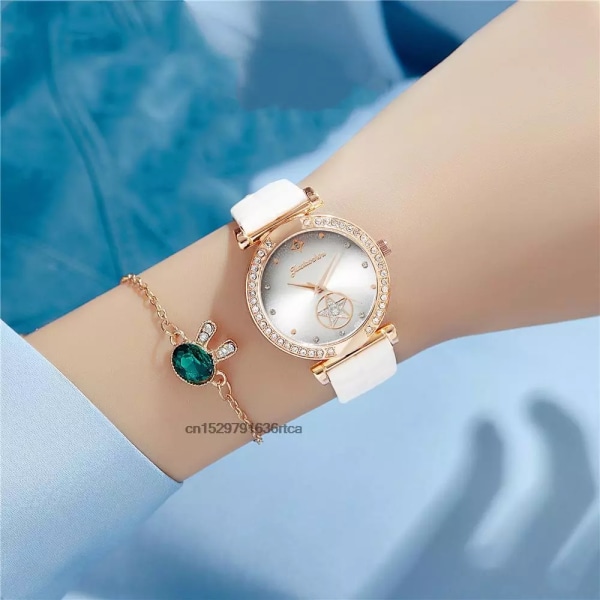 Lyx Dammode 2022 Gröna klockor Kvaliteter Diamantdubbad Quartz Watch Dam Läderarmbandsur Elegant Montre Femme white of Bracelet