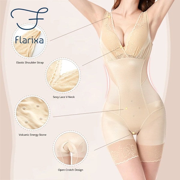 Flarixa Sexig spets Djup V Bodysuit Damkorsett Waist trainer Body Shaper Öppen gren Bodysuits One Piece Slimming Shapewear Beige-Briefs XXL