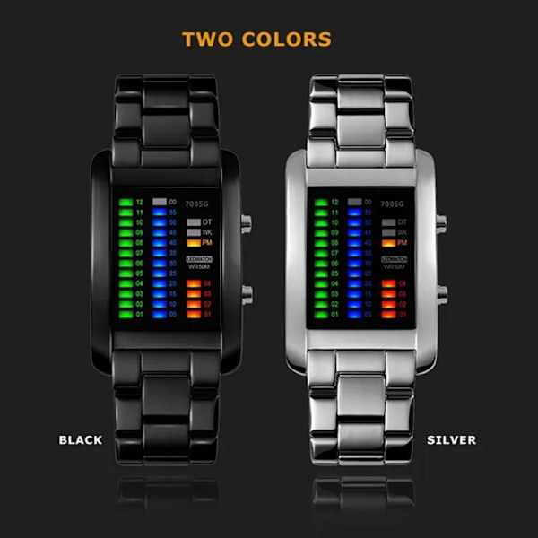 Binära watch resistenta klockor män 3ATM vattentät larm Chrono rektangel urtavla Canlender svart ljus tuff struktur Black With Box