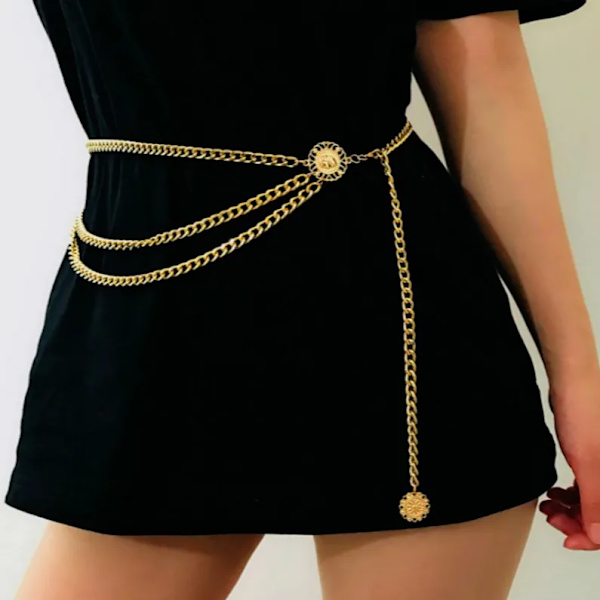 Bohemian Retro Style Multilayer Alloy Midjekedja Kroppskedja för kvinnor Runt hänge Magkedja Midjekedja Smycken N143-Gold 90cm