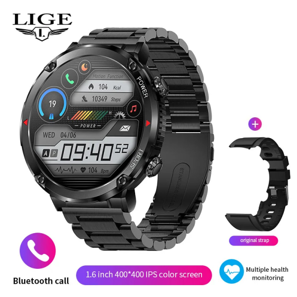 LIGE Smart Watch Herr 1,6 tum Full Touch Armband Health Monitor Sportklockor Bluetooth Call Smart Clock Herr Smartwatch Steel strip black 600mA-Bluetooth call
