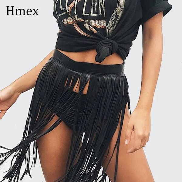 Boho Kvinnor Sexiga tofs Läderkjolar Punk Gothic midjeband Lång lugg Svart hög midja bälte Klubbfestkjol Black