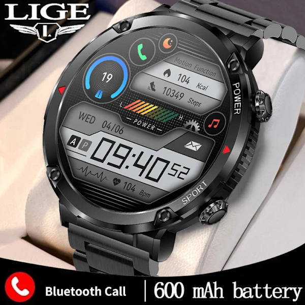 LIGE Smart Watch Herr 1,6 tum Full Touch Armband Health Monitor Sportklockor Bluetooth Call Smart Clock Herr Smartwatch Mesh belt black 600mA-Bluetooth call