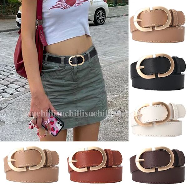 Mode Läderbälten för kvinnor Enkel Mental Pin Spänne Flickor Tunt Bälte Denim Jeans Klänning Kjol Lyxmärke Retro midjeband Khaki-2cm 105CM