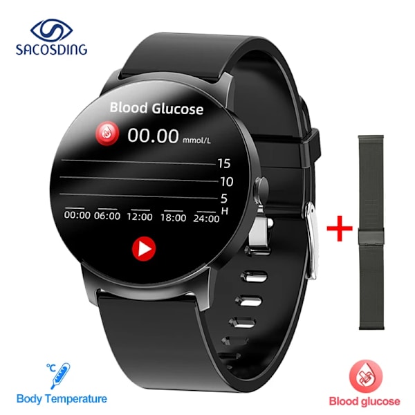 NY Glukos Smart Watch Herr Blodtryck Blod Syre Kroppstemperatur Pulslarm IP68 Vattentät Smartwatch Dam Black mesh