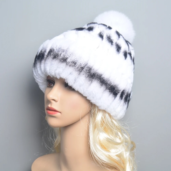 Europeiska Station Lyxiga Kvinnors RexRainbow Hattar Dam Vinter Varm Beanie Mössa Bucket Hat Med Pom Poms white black elasticity 52-60cm