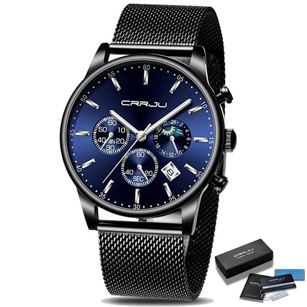 Relogio Masculino CRRJU Lyxig watch för män Blue Dial Klockor Sportklockor Chronograph Clock Mesh Watch BKBESL BOX