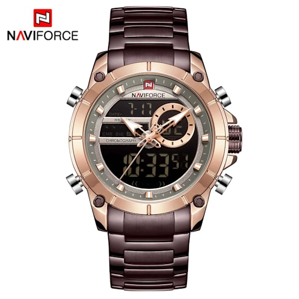 NAVIFORCE Luxury Original Watch för män Kvartsstål Vattentät Dual Display Modeklockor Relogio Masculino 9163 RGCE