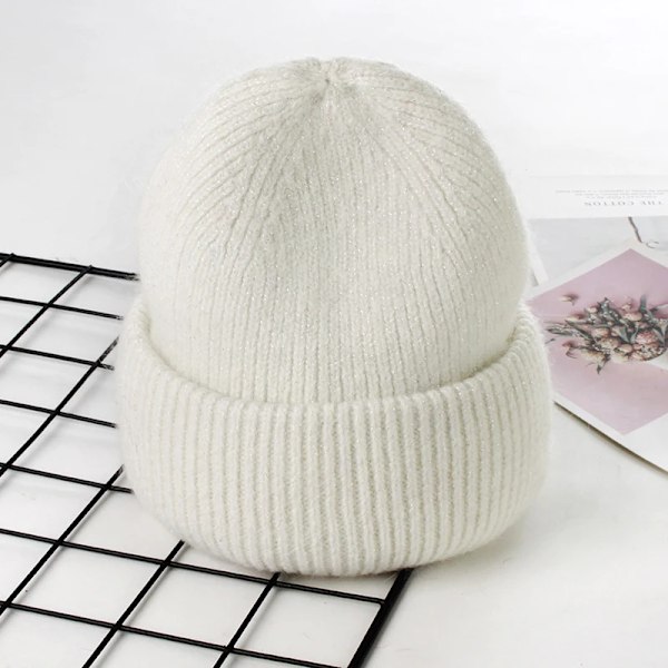 Visrover 9 Färger Unisex Solid Färgade Mössor Vinterhatt För Kvinna Stickad Bonnet Acryl Kvinna Höst Varma Skullies 4-lurex white