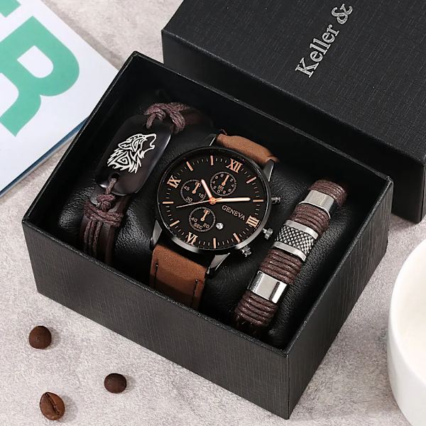 Mode Casual Quartz Watch för män Brunt läder Wolf Flätad watch Armband Gfit Set för män Pojkvän Regalos Para Hombre Watch-Bracelet 04