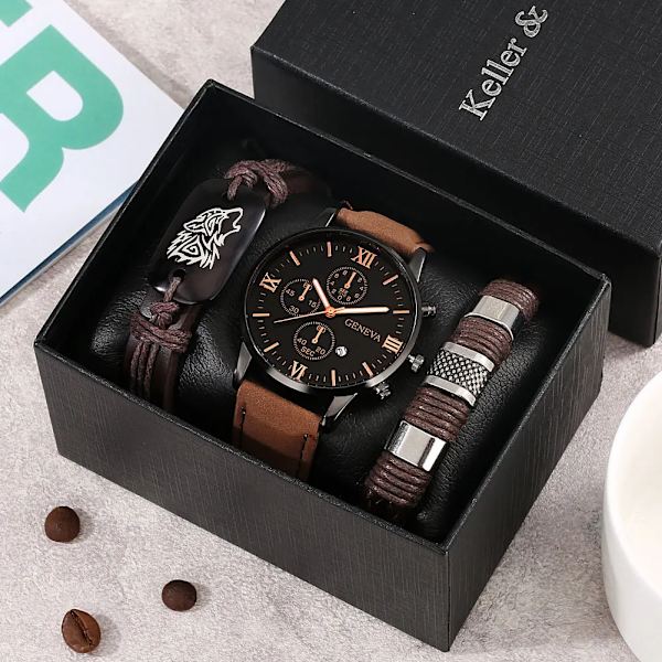 Mode Casual Quartz Watch för män Brunt läder Wolf Flätad watch Armband Gfit Set för män Pojkvän Regalos Para Hombre Watch-Bracelet 05