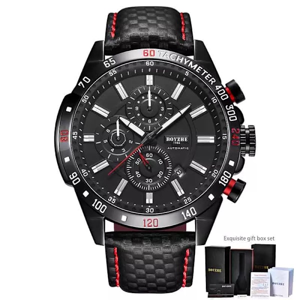 BOYZHE Män Watch Automatisk Mekanisk Watch Vecka Månad Kalender Display Lysande händer Vattentäta klockor för män Black Leather box