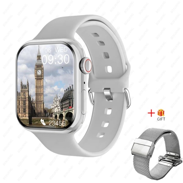 Watch 9 Smart Watch Herr Kroppstemperatur BT Call NFC Always on Display Fitness Women Series 8 Smartwatch för Apple Android Silver Mesh belt