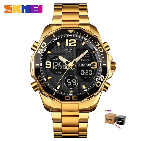 SKMEI Lyxmärke Watch Militär Digital Sport Armbandsur Herr Stålband Vattentät klocka Man reloj hombre 1649 montre Gold BOX