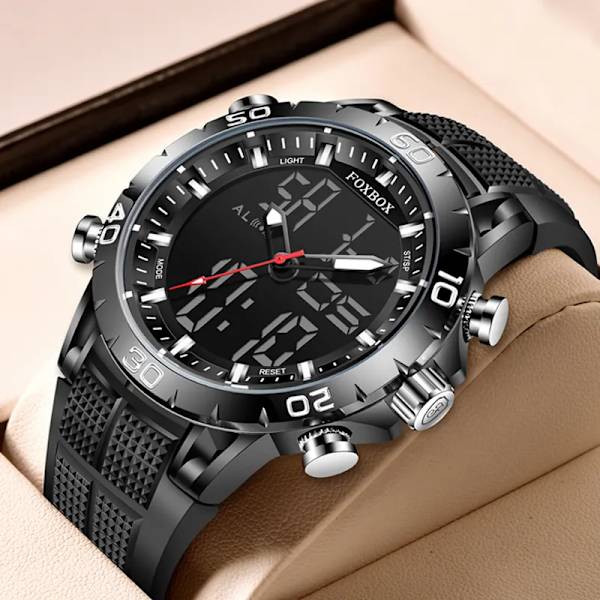 FOXBOX Herrklockor Sport Toppmärke Lyx Dual Display Quartz Watch Herr Militär vattentät klocka Digital elektronisk watch+ Box full black(.267)
