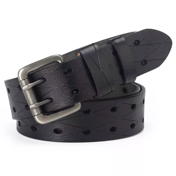 Mäns läder dubbelnålsspänne Klassiskt dragradshål Jeansbälte Cowboy Square Hole Black 115CM