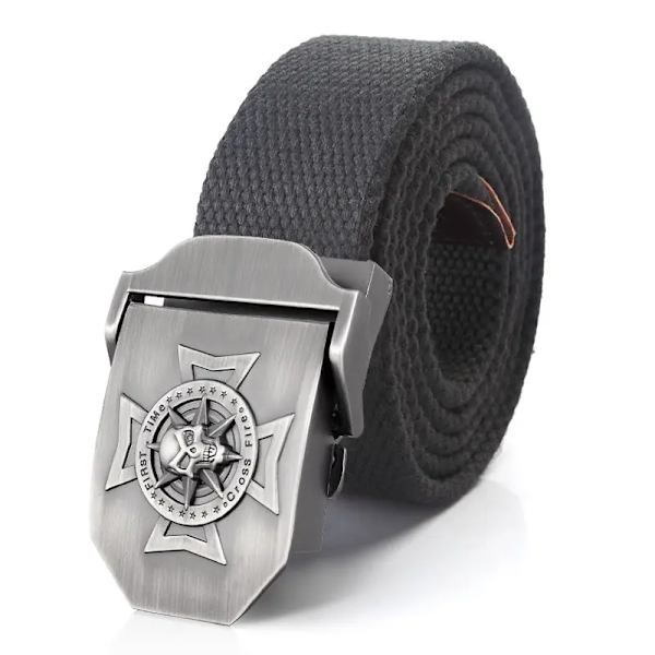 BOKADIAO Herr & Kvinnor Militär Canvas bälte lyxigt midjeband Skalle Cross Metal spänne jeans bälte Army taktiska bälten för manlig rem Dark Grey 100cm