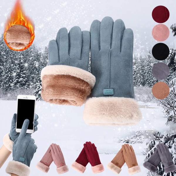 Kvinna Vinter Spets Varm Kashmir Söta Vantar Mocka Läder Dubbel Tjocka Plysch Full Finger Handled Pekskärm Körhandskar E966220