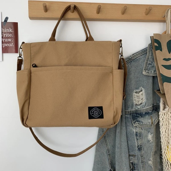 Hylhexyr Dam Retro Stora Väskor Bomulls Canvas Axelväska Mode Crossbody Handväska Dragkedja Casual Tote Multi Pocket Outer Zipper Brown